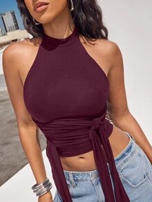 Denimoi Women's Solid Color Side Knot Design Sexy Fitted Halter Top - Red Violet - View 4