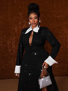 Maweii Plus Contrast Collar Split Thigh Sequin Dress - Black - View 2