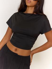 MUSERA ESSENTIALS Black Side Ruched Gathering Detail Boat Neckline Short Sleeve Cropped Fitted Tee Top Casual Minimalist Loungewear Everyday Going Out Night Out Summer - Black - View 5