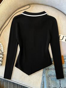 GlowEve CURVE Plus Contrast Trim Tie Front Sweater Autumn Graduation Date Night Black And White Casual Elegant - Black - View 2