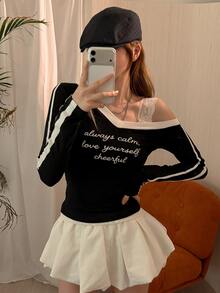 DAZY Slogan Graphic Contrast Lace Asymmetrical Neck Tee Fall - Navy Blue - View 3