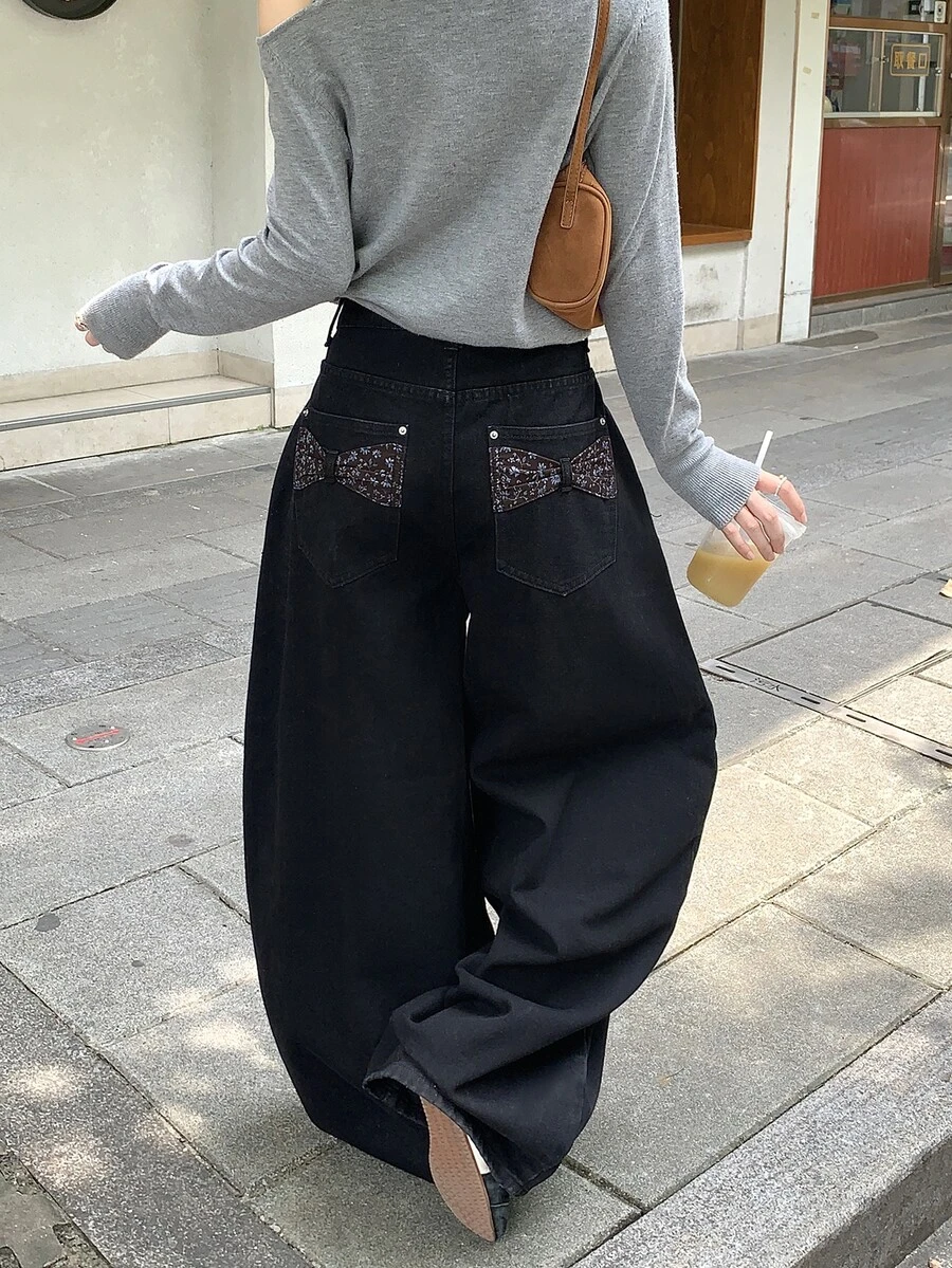 DAZY Contrast Ditsy Floral Wide Leg Jeans Cute Tops Everyday Black Floral Summer - Black - View 1