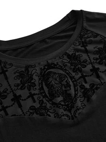 ROMWE Goth Plus Contrast Lace Trumpet Sleeve Tee - Black - View 3