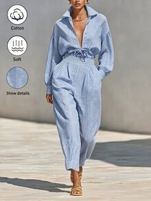SHEIN Women Two-Piece Outfits - Blue and White - View 1