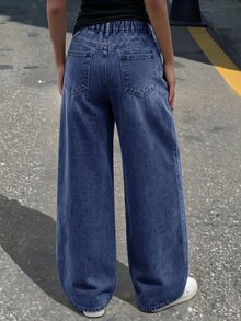 SHEIN 青少年女孩 1件裝 破洞磨邊直筒牛仔褲 - 深色水洗藍 - 查看 2