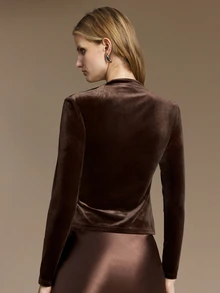 Ontre Asymmetrical Neck Ruched Velvet Tee - Coffee Brown - View 3