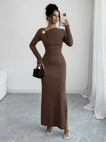 Elenzga Asymmetrical Neck Button Detail Split Thigh Dress - Brown - View 6