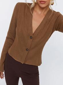 Avantive Button Front Crop Cardigan Office Business Shades Of Brown Autumn Casual,Versatile Everyday Jacket - Brown - View 7