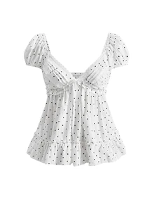 Sweetness Polka Dot Print Knot Front Peplum Blouse - Apricot - View 1