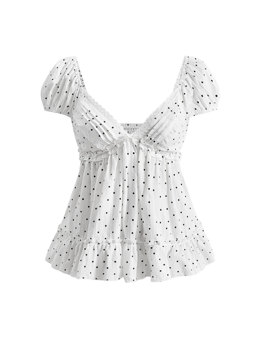 Sweetness Polka Dot Print Knot Front Peplum Blouse - Apricot - View 1