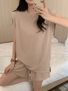 DAZY 純色蝙蝠袖居家休閒套裝 - 卡其色 - 查看 1