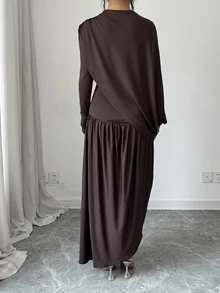 Elenzga 1 pieza Vestido con detalle fruncido sólido - Marrón - Ver 2