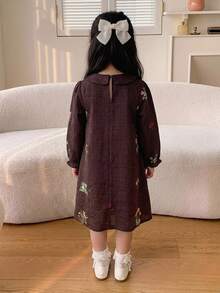Dazy Kids 女童花卉刺繡彼得潘領荷葉袖洋裝 - 棕色 - 查看 2