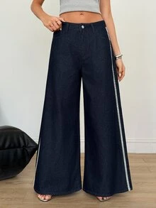 SHEIN Celana Jeans Kaki Lebar dengan Pita Kontras Pinggang Tinggi - Navy Blue - View 3