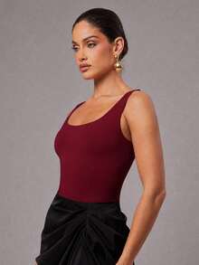 Silquee Solid Round Neck Tank Bodysuit - Red - View 4