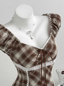 Elamini Plaid Print Lace Trim Knot Front Blouse - Brown - View 4