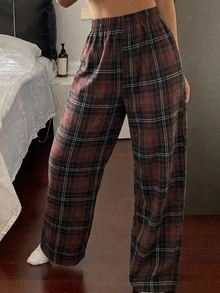 DAZY Plaid Print Elastic Waist Lounge Pants - Brown - View 1