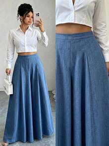 Elenzga 1 pieza Pantalones de cintura alta y pierna ancha - Azul - Ver 1