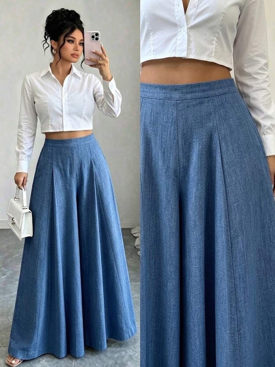 Elenzga 1 pieza Pantalones de cintura alta y pierna ancha - Azul - Ver 1