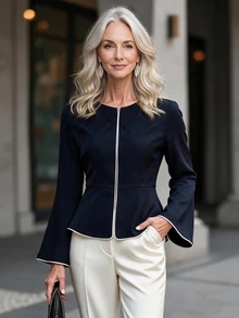 Offisola Women Senior Contrast Binding Flounce Sleeve Peplum Jacket - Navy Blue - View 6