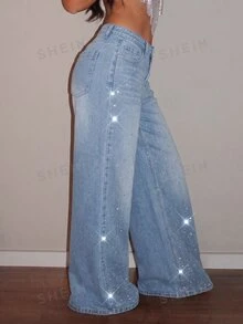SHEIN Tall High Waist Rhinestone Wide Leg Jeans - Light Wash - View 7