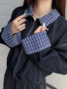 FRIFUL Plaid Print Drop Shoulder Zip Up Denim Jacket Everyday Going Out School Navy Blue And White Autumn Casual Streetwear Street - Blue - View 2