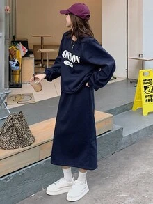 DAZY 女款字母圖案插肩袖套頭運動衫與裙子套裝居家休閒套裝 - 藍色 - 查看 4