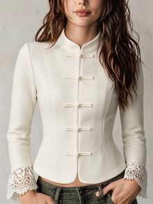 SHEIN Frog Button Front Contrast Lace Crop Overcoat - Apricot - View 3