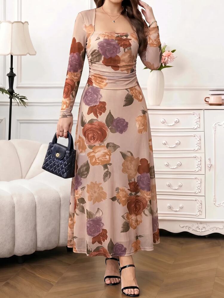 Lavishia Women's Floral Print Square Neck Ruched Dress,Autumn Printed Long-Sleeved Pleated Elegant Dress, Suitable For Weddings And Romantic Dates. - Multicolor - View 5