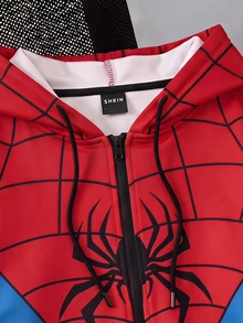 SHEIN EZwear Spider Print Zip Up Drawstring Hoodie - Multicolor - View 5