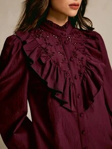 CielaLinda Schiffy Insert Ruffle Trim Lantern Sleeve Shirt - Burgundy - View 4