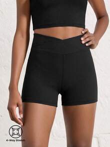 SHEIN Shorts de ciclista de punto acanalado con cintura asimétrica para niña preadolescente - Negro - Ver 6