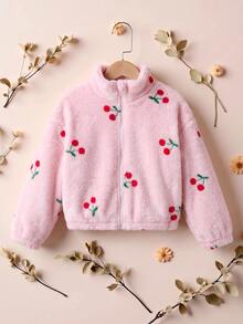 SHEIN 女童櫻桃印花落肩泰迪夾克外套（不含毛衣） - 彩色 - 查看 5