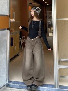 DAZY Women Washed Wide Leg Jeans Fall - Khaki - View 4