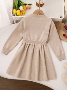 Souflis Đầm len cho bé gái họa tiết nơ viền bèo nhún - Màu Khaki - Xem 2