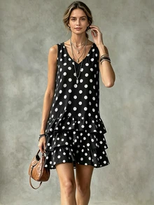 Glimmora Polka Dot Print V-Neck Sleeveless Layered Ruffle Hem Dress - Black and White - View 3