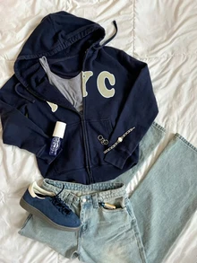 IslaSuriya Sweatshirt Termal Berkerudung dengan Resleting dan Tali Serut Bergambar Huruf - Navy Blue - View 3