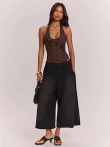 SHEIN BAE بودي سوت بنقشة زهور بياقة هالتر وظهر مكشوف - بني - مشاهدة 6