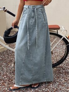Livesso Tall Women's Tie Design Long Skirt, Vacation Style Denim Skirt Fall - Medium Wash - View 5