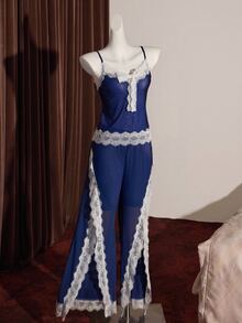 Slumberist Conjunto de Pijama 2 Peças com Top Camisete de Renda Amarela Sexy com Laço e Tela Transparente & Calça Perna Larga com Cintura Marcada e Bainha Abertura - Azul Marinho - Visão 7