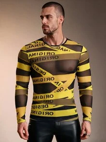 ZURIURI Sexy Streetwear Tight-Fitting Long Sleeve Letter Print Sheer T-Shirt Rave Club Black And Yellow Autumn - Multicolor - View 5