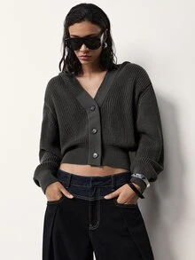 MERLEAU-F Solid Drop Shoulder Button Placket Hooded Crop Cardigan,Long Sleeve Tops For Women,Office Travel Vacation Casual,Work Autumn Sweaters Grey - Dark Grey - View 4