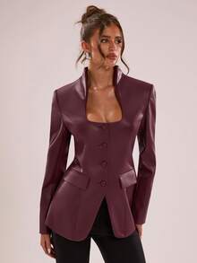 SHEIN BAE Blazer Kulit PU dengan Bantalan Bahu, Natal, Acara Sosial, - Burgundy - View 5