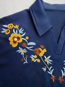 INAWLY 花卉刺繡落肩衛衣 - 寶藍色 - 查看 4