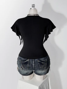 SHEIN ICON Women's Plus Size Retro Sexy Casual Millennial Style Y2K Simple Commuting Deep V-Neck Ruffled Short Sleeve Gathered Black T-Shirt - Black - View 2