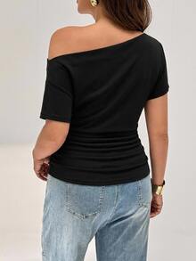 Shapeblank Plus Asymmetrical Neck Ruched Tee - Black - View 2