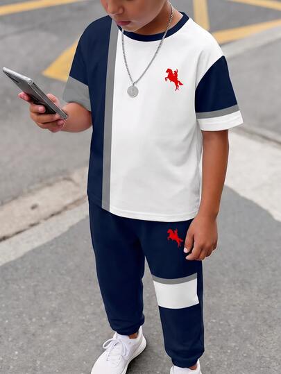 Tween Boy Casual Comfortable Fashion Minimalist Crew Neck Short Sleeve T-Shirt And Long Pants Set, Classic Retro Color Block Patchwork Pattern Print, Exquisite Knight Small Logo Print, Suitable For Autumn/Winter, Suitable For School, Suitable For Back To School Season