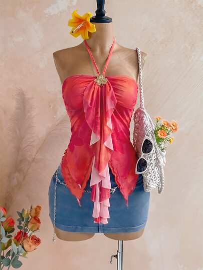 Firerie Top dos nu à col licou imprimé floral décontracté pour vacances pour femmes