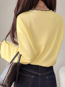 FRIFUL Contrast Trim Drop Shoulder Tee - Yellow - View 3