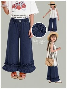 SHEIN Jeans de pierna ancha con volantes para niñas - Azul lavado oscuro - Ver 3